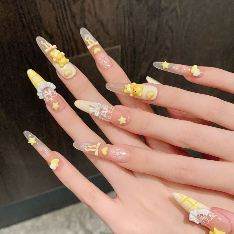 [Yellow Bear Gift]   (Handmade press on nails)  Long/Stiletto Nails 10pcs/set