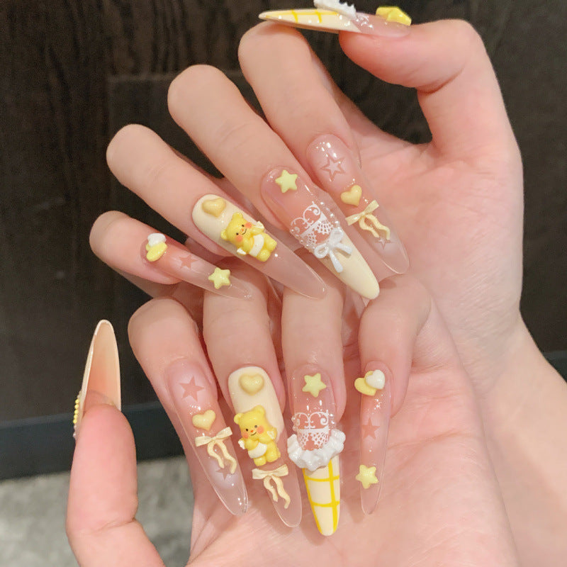[Yellow Bear Gift]   (Handmade press on nails)  Long/Stiletto Nails 10pcs/set