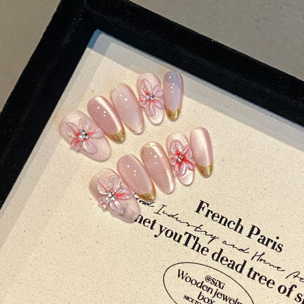 [3D Pink Dream Garden]   (Handmade press on nails)  Medium/Oval Nails 10pcs/set