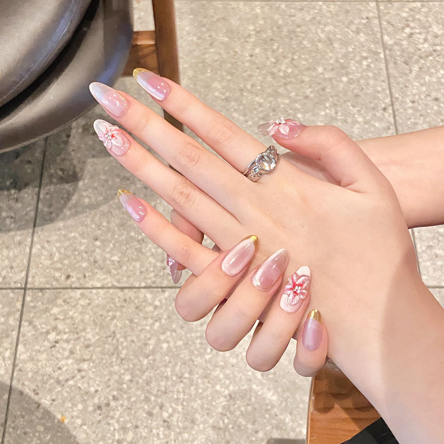 [3D Pink Dream Garden]   (Handmade press on nails)  Medium/Oval Nails 10pcs/set