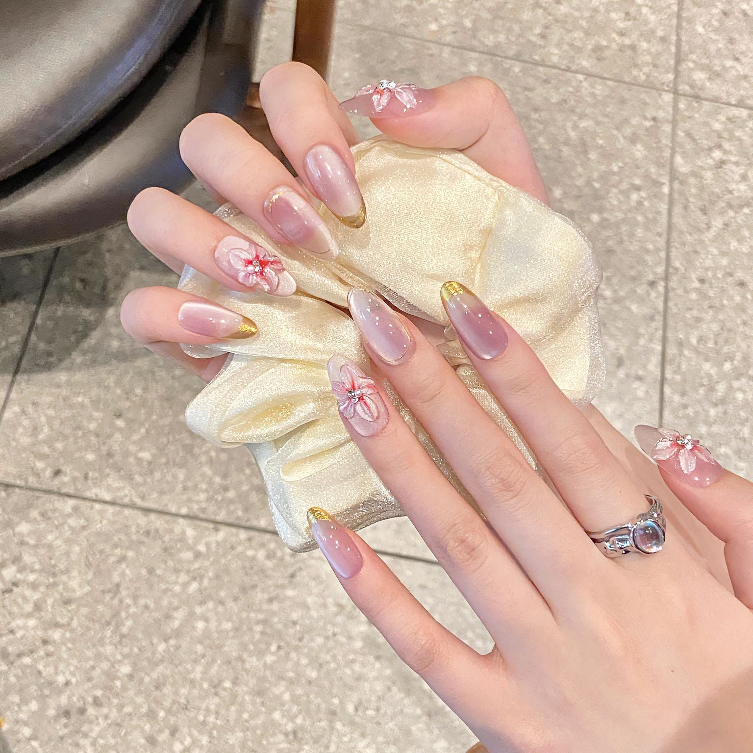 [3D Pink Dream Garden]   (Handmade press on nails)  Medium/Oval Nails 10pcs/set