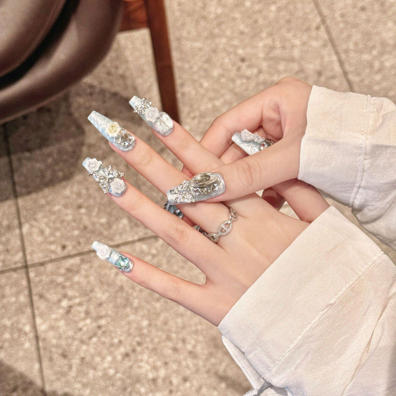 [Lake Blue 3D Rose]   (Handmade press on nails)  Long/Ballerina Nails 10pcs/set