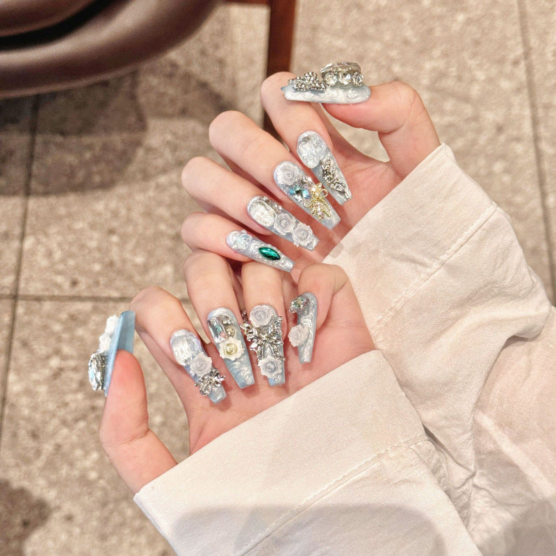 [Lake Blue 3D Rose]   (Handmade press on nails)  Long/Ballerina Nails 10pcs/set