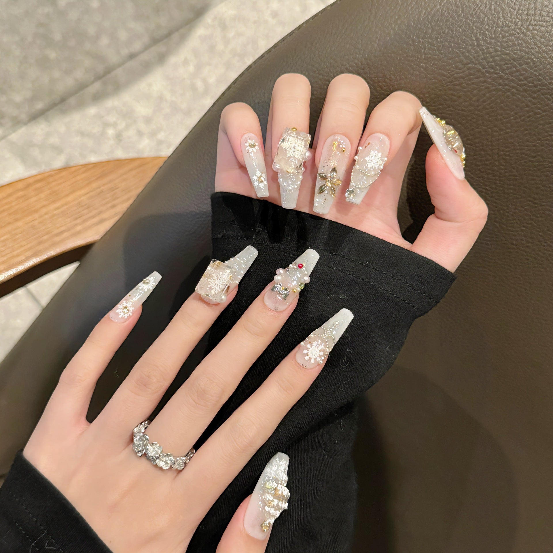 [Christmas White Snow]   (Handmade press on nails)  Long/Ballerina Nails 10pcs/set