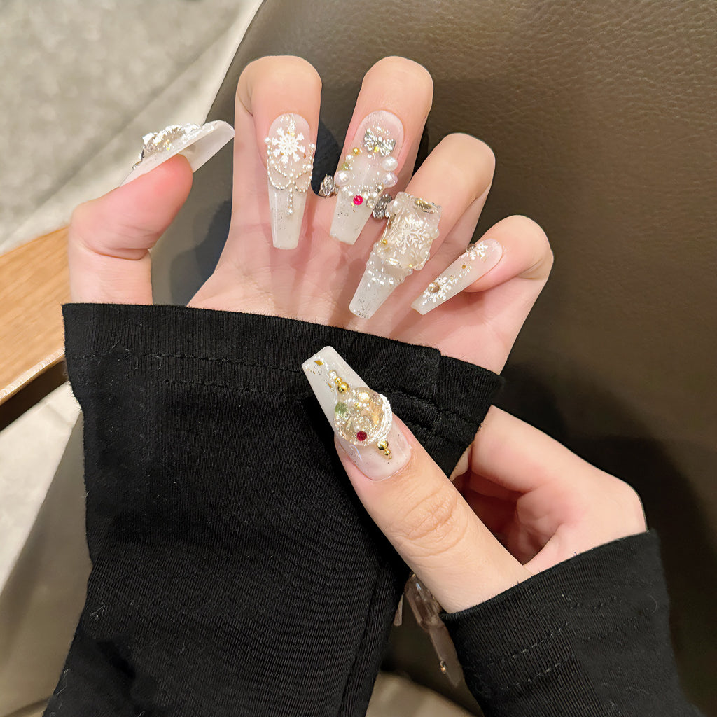 [Christmas White Snow]   (Handmade press on nails)  Long/Ballerina Nails 10pcs/set