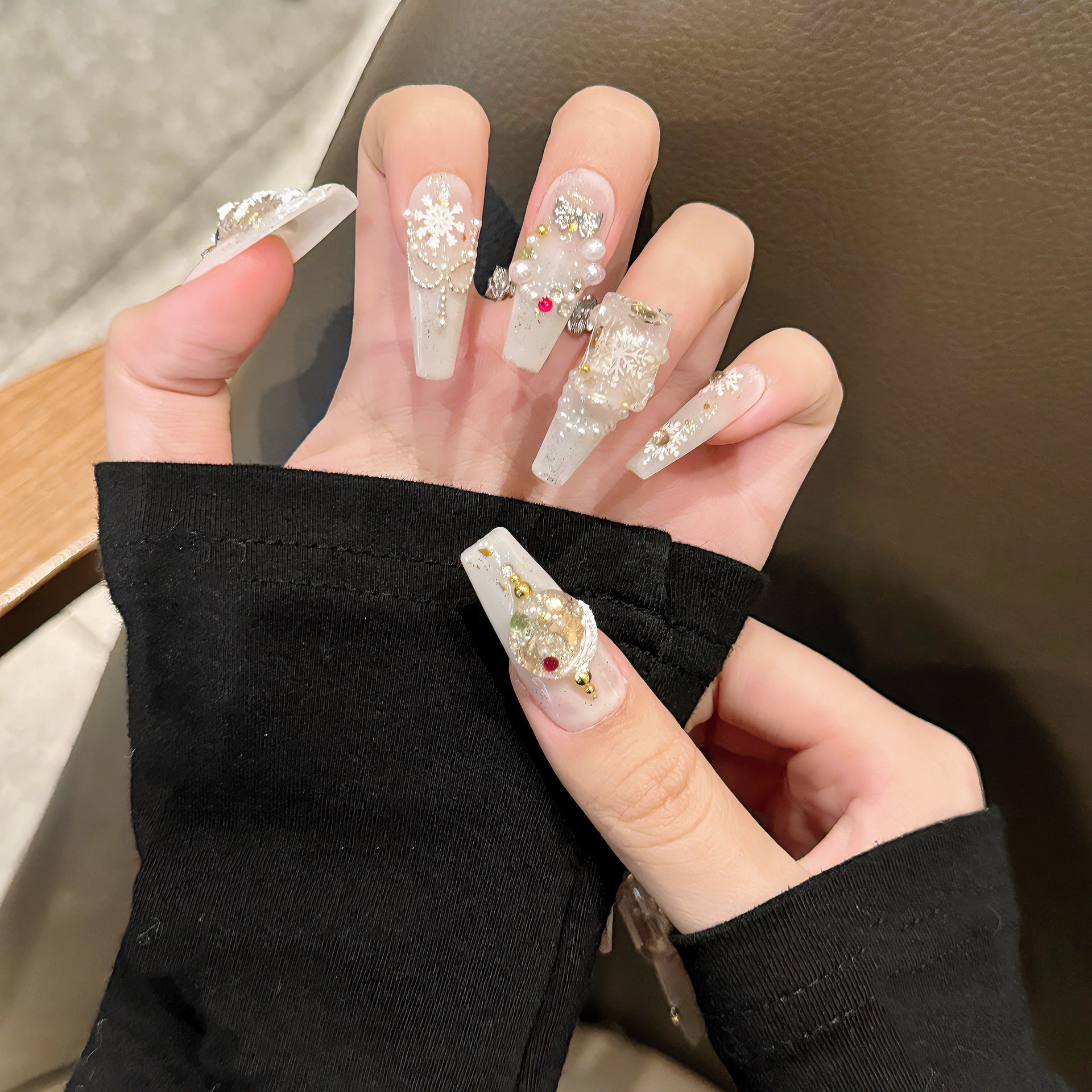 [Christmas White Snow]   (Handmade press on nails)  Long/Ballerina Nails 10pcs/set