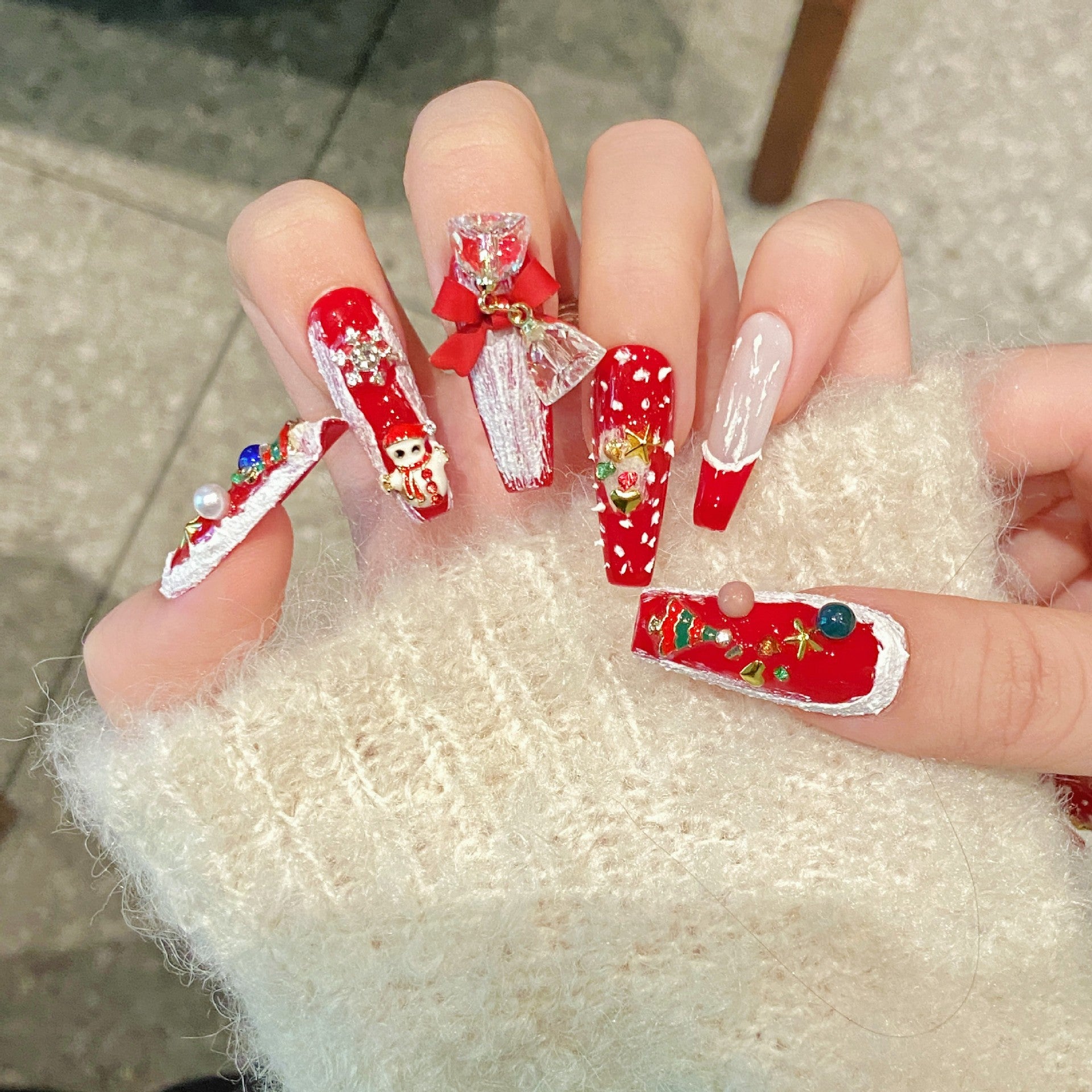 [Red Merry Christmas]   (Handmade press on nails)  Long/Ballerina Nails 10pcs/set