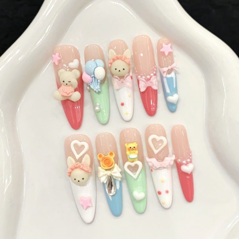 [Happy Bear]   (Handmade press on nails)  Long/Stiletto Nails 10pcs/set