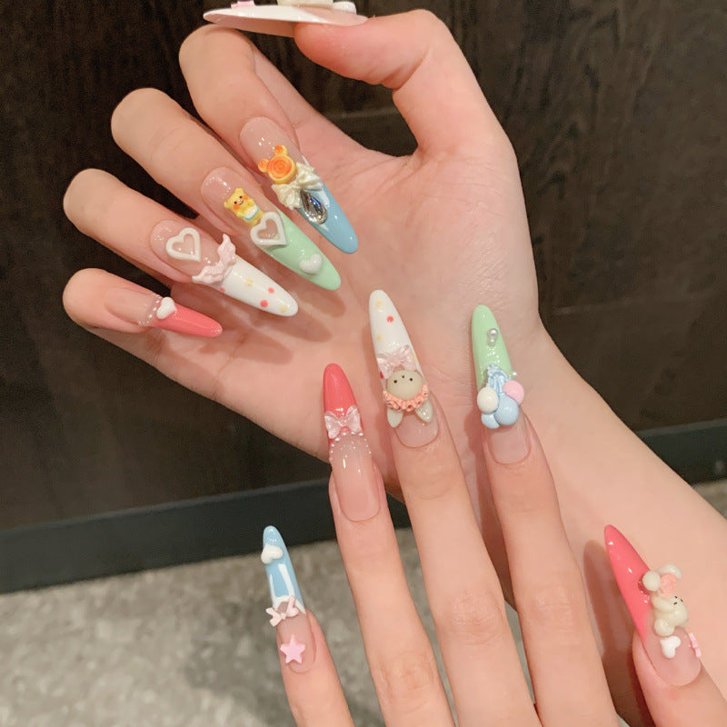 [Happy Bear]   (Handmade press on nails)  Long/Stiletto Nails 10pcs/set