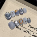[Blue Gem Cat Eye]   (Handmade press on nails)  Short/Oval Nails 10pcs/set