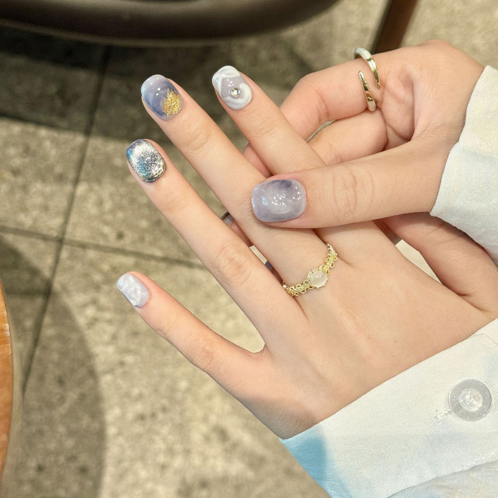 [Blue Gem Cat Eye]   (Handmade press on nails)  Short/Oval Nails 10pcs/set