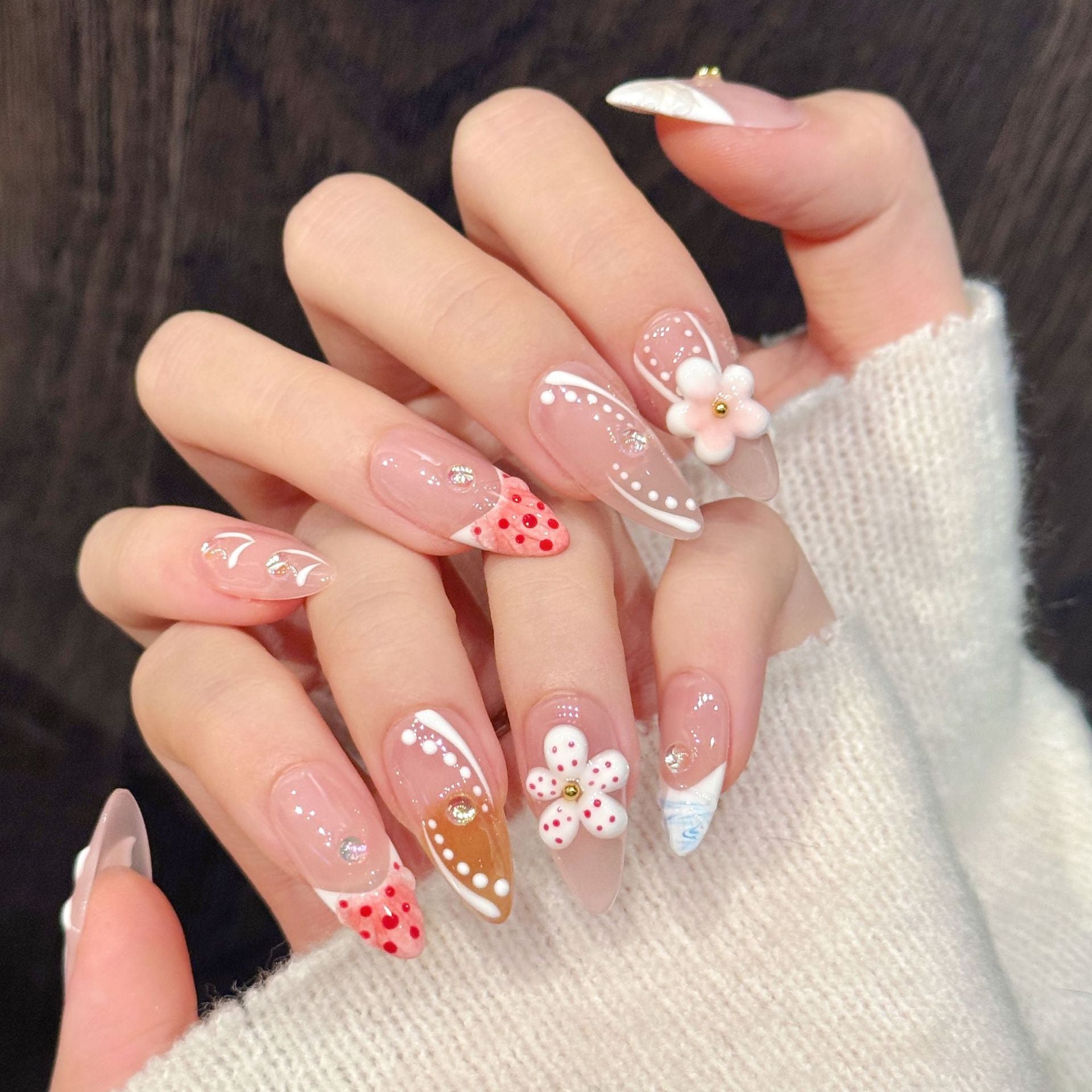 [3D Romantic Flower]   (Handmade press on nails)  Medium/Almond Nails 10pcs/set