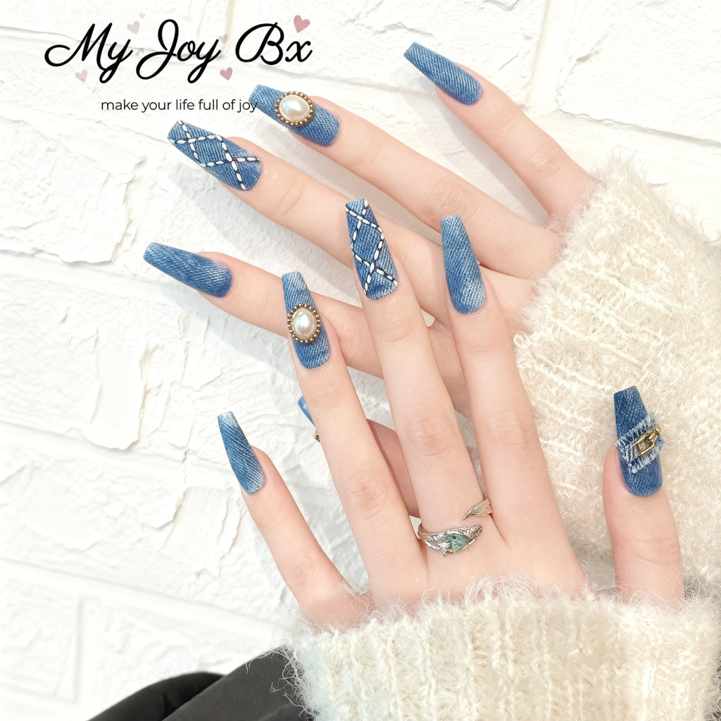[Charming Denim]   Long/Coffin Handmade press on nails  10pcs/set