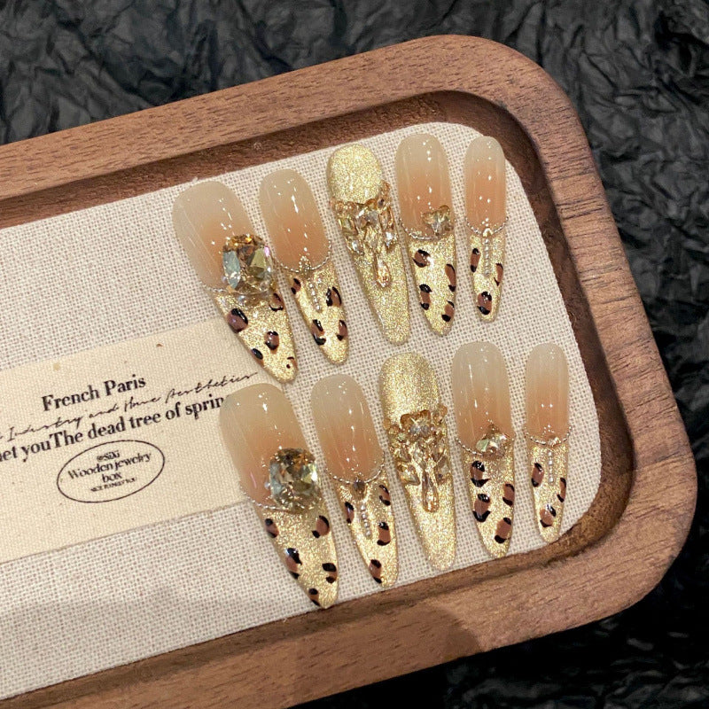 [Gloden Leopard]   (Handmade press on nails)  Long/Stiletto Nails 10pcs/set