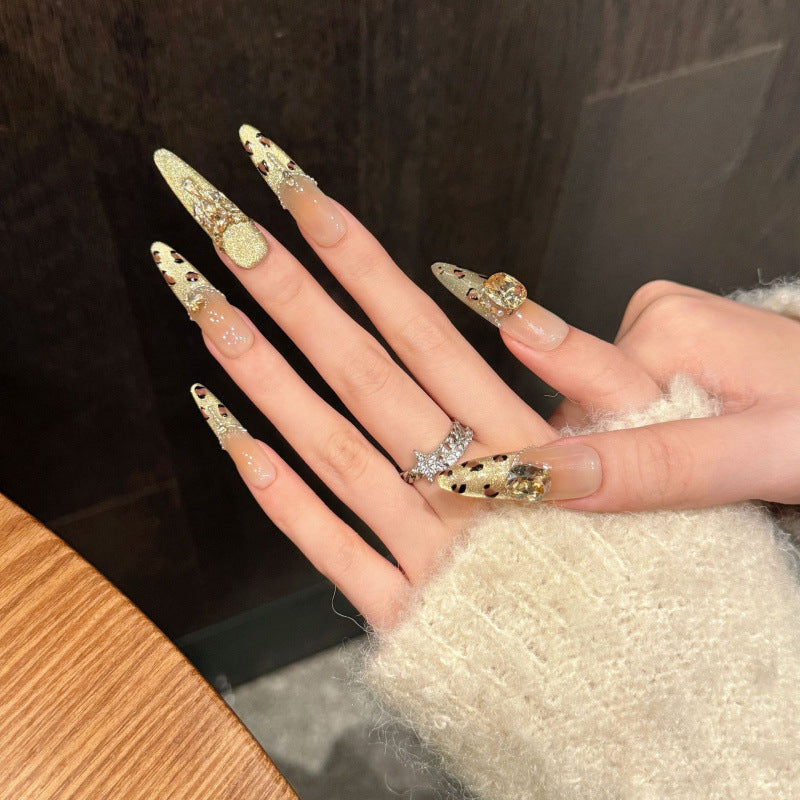 [Gloden Leopard]   (Handmade press on nails)  Long/Stiletto Nails 10pcs/set
