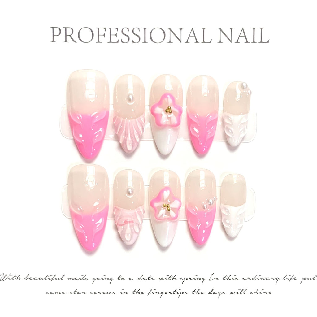 [3D Graceful Pink Flower]   (Handmade press on nails)  Medium/Almond Nails 10pcs/set