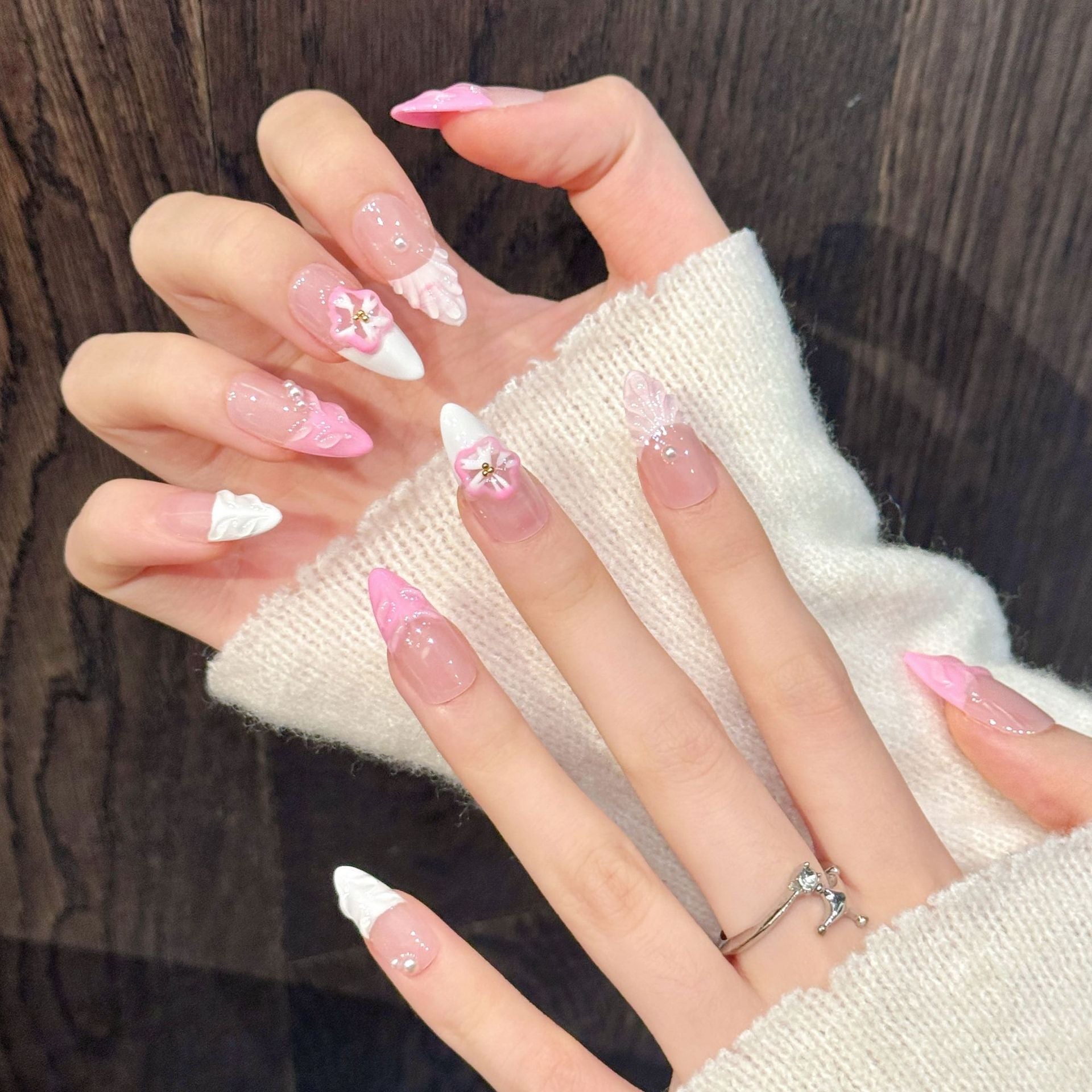 [3D Graceful Pink Flower]   (Handmade press on nails)  Medium/Almond Nails 10pcs/set