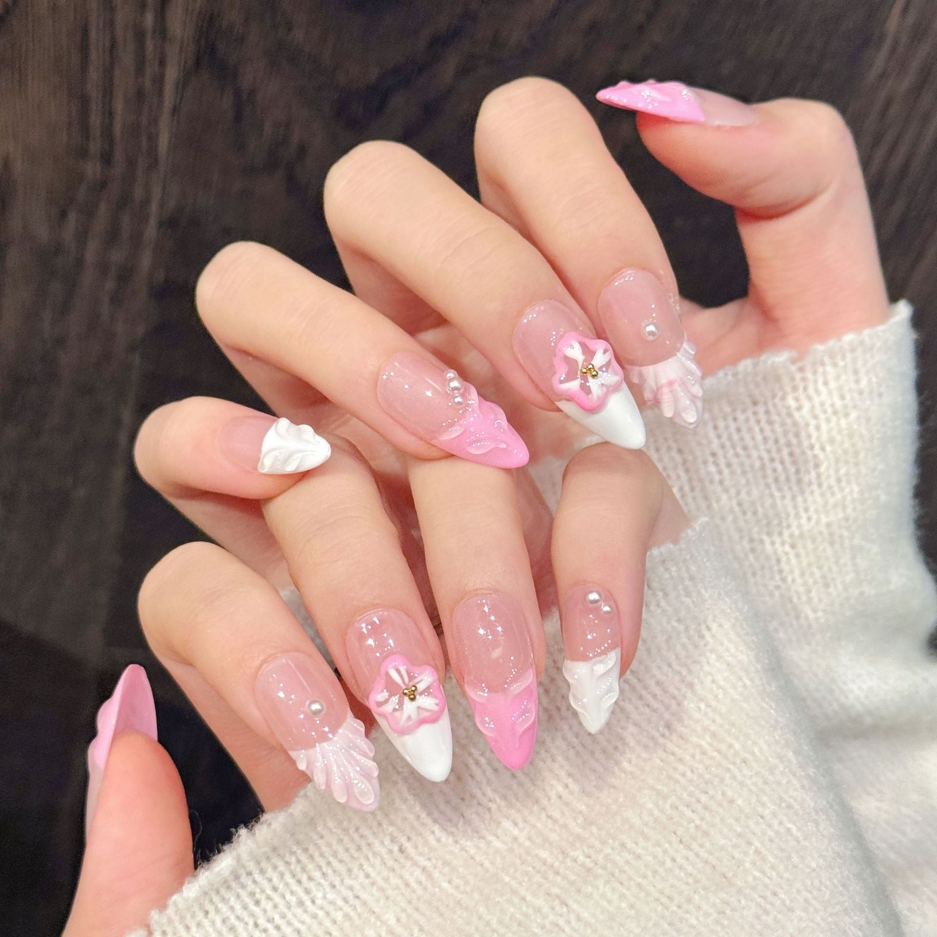 [3D Graceful Pink Flower]   (Handmade press on nails)  Medium/Almond Nails 10pcs/set