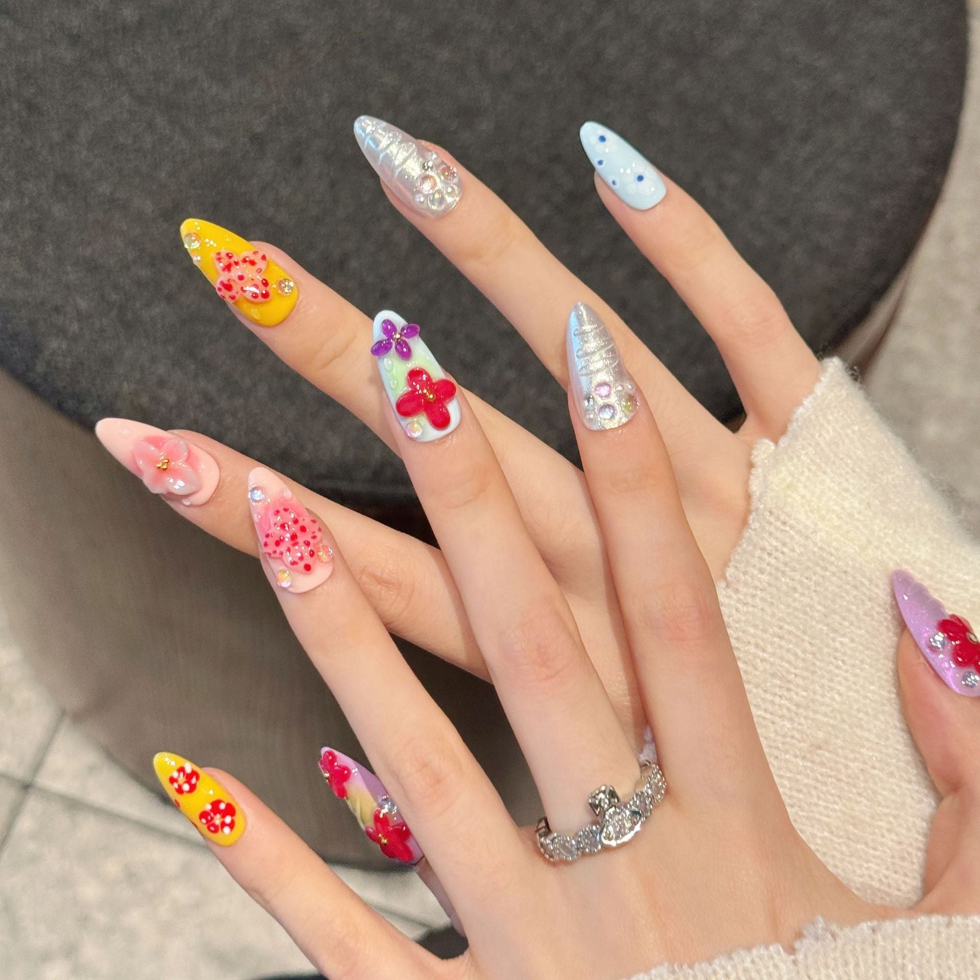 [3D Ocean Flowers]   (Handmade press on nails)  Medium/Almond Nails 10pcs/set