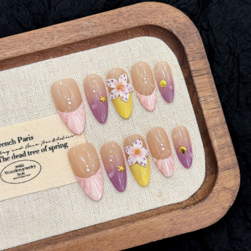 [3D Happy Miss Flower]   (Handmade press on nails)  Medium/Almond Nails 10pcs/set