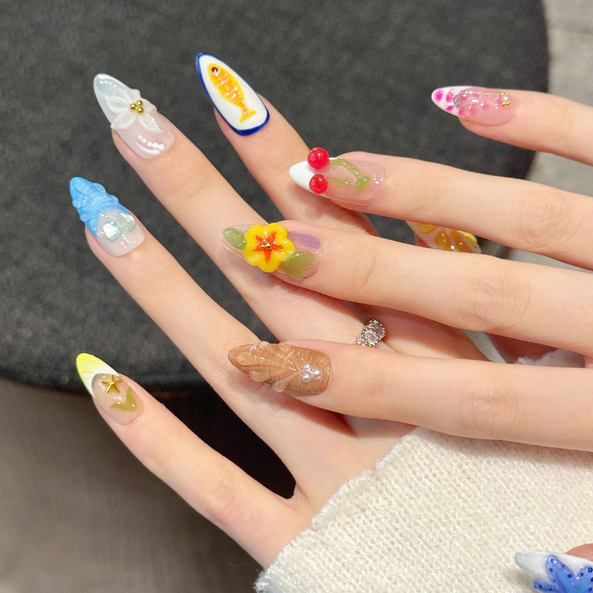 [3D Orange Ocean]   (Handmade press on nails)  Medium/Almond Nails 10pcs/set