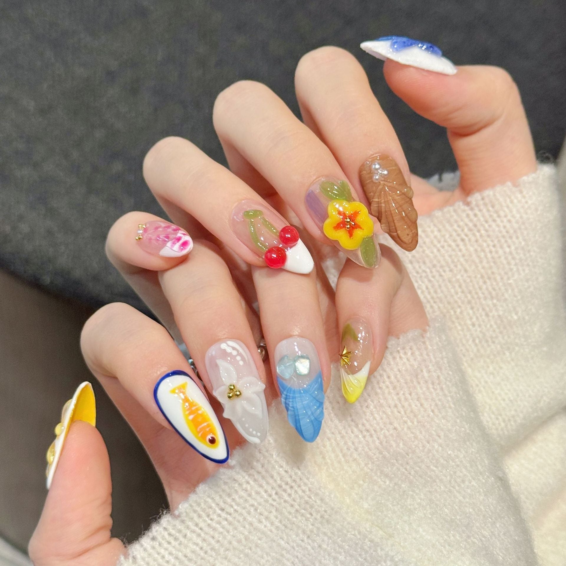 [3D Orange Ocean]   (Handmade press on nails)  Medium/Almond Nails 10pcs/set