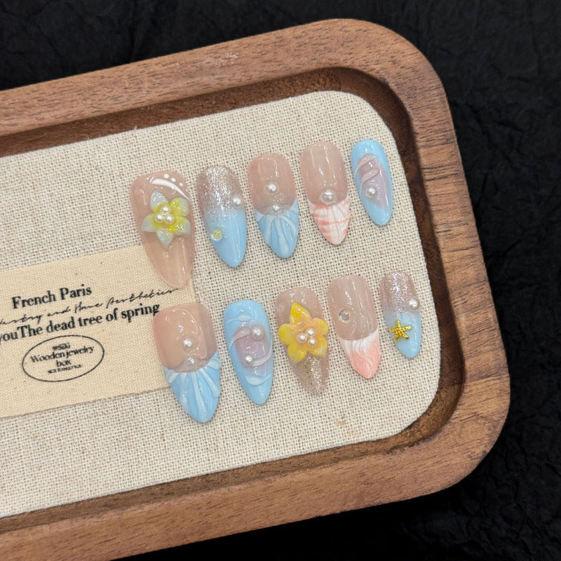 [3D Blue Ocean Flower]   (Handmade press on nails)  Medium/Almond Nails 10pcs/set