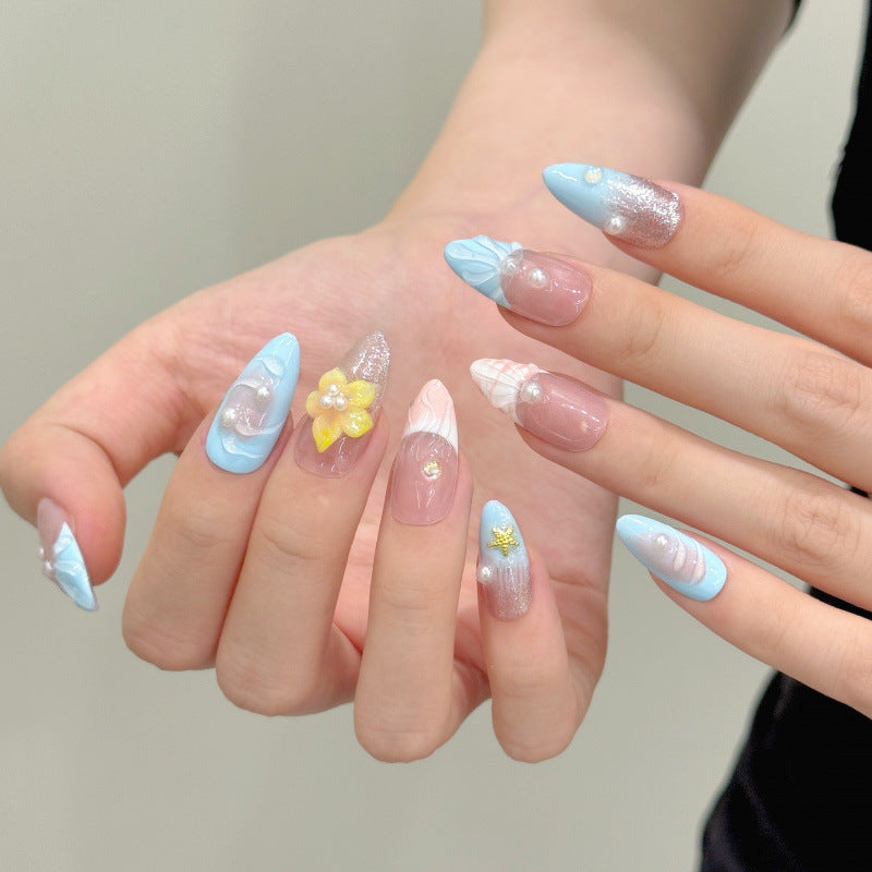 [3D Blue Ocean Flower]   (Handmade press on nails)  Medium/Almond Nails 10pcs/set