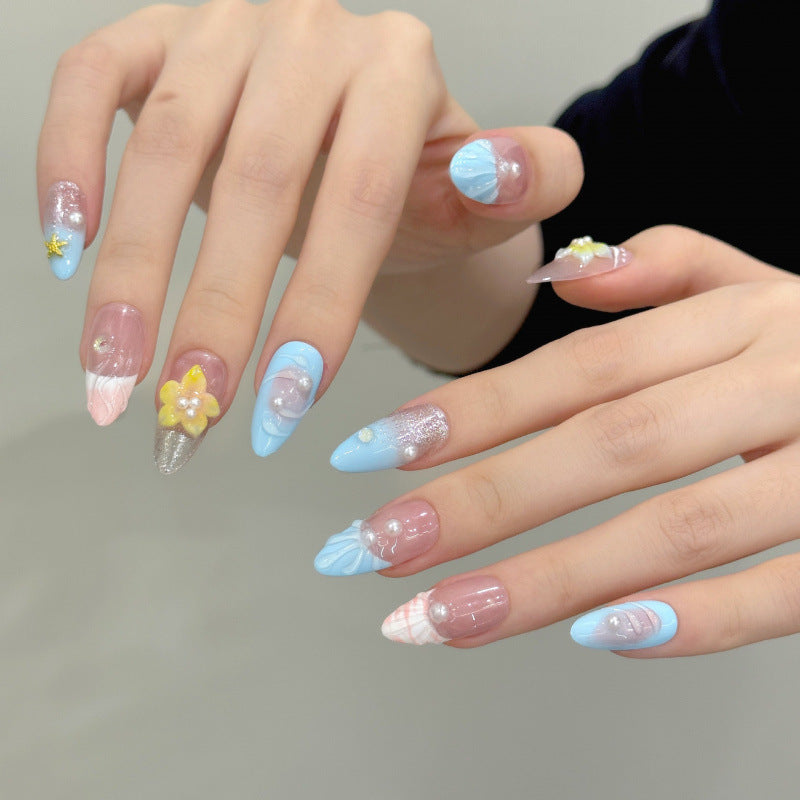 [3D Blue Ocean Flower]   (Handmade press on nails)  Medium/Almond Nails 10pcs/set