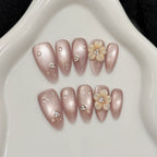 [3D Pink Garden Flowers]   (Handmade press on nails)  Medium/Almond Nails 10pcs/set