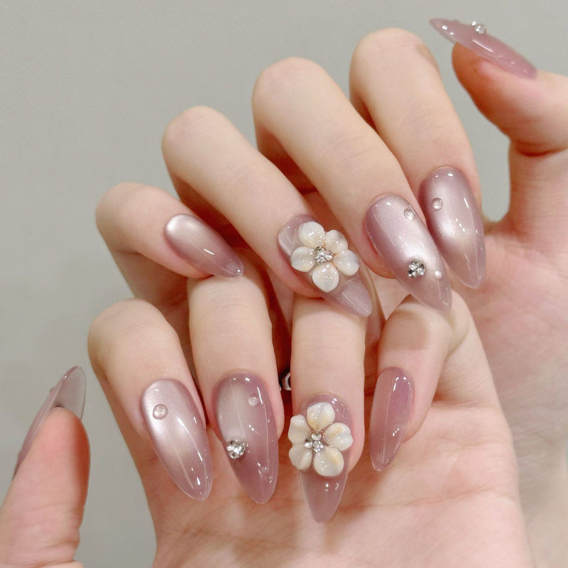 [3D Pink Garden Flowers]   (Handmade press on nails)  Medium/Almond Nails 10pcs/set