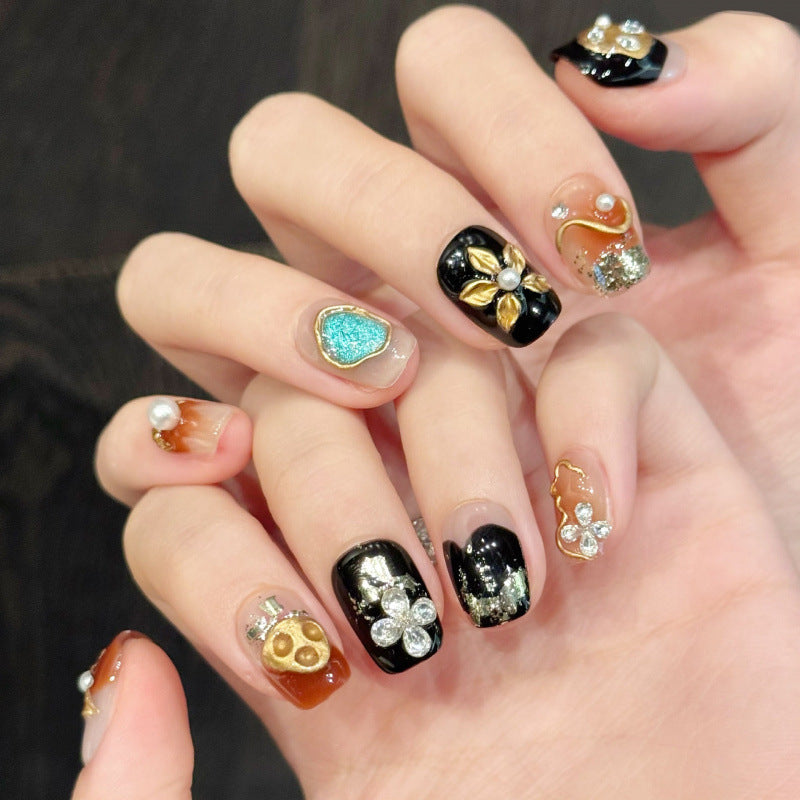 [Sweet 3D Golden Flower]   (Handmade press on nails)  Short/Squoval Nails 10pcs/set