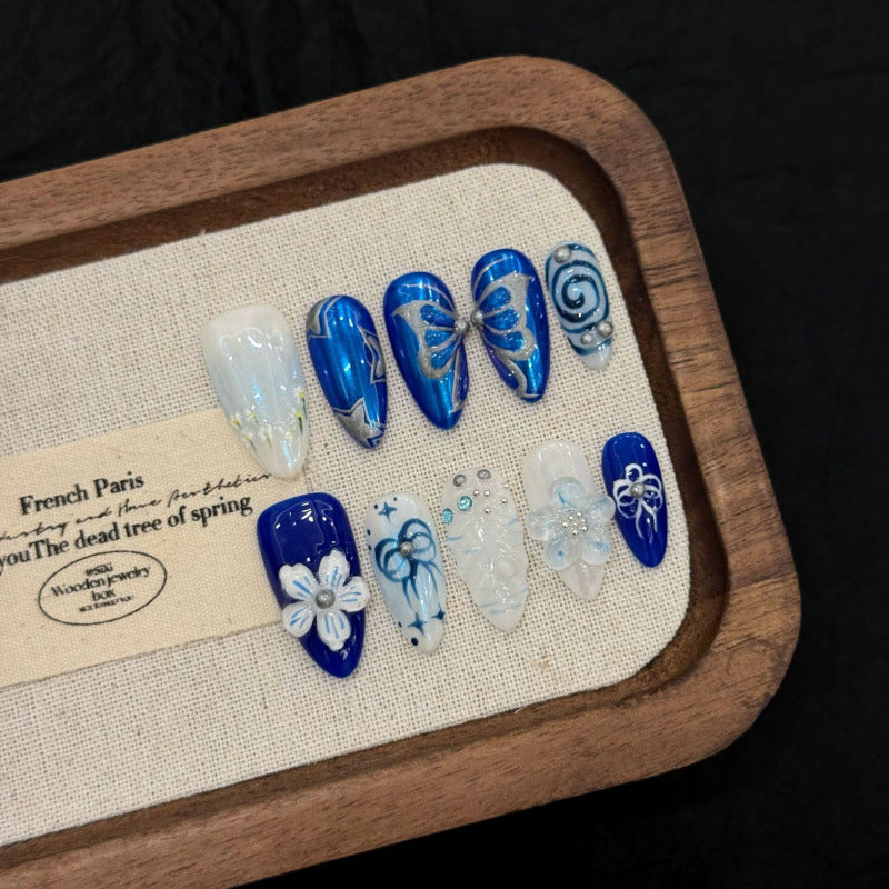[3D Blue Flower Butterfly]   (Handmade press on nails)  Medium/Almond Nails 10pcs/set