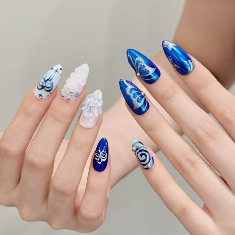 [3D Blue Flower Butterfly]   (Handmade press on nails)  Medium/Almond Nails 10pcs/set