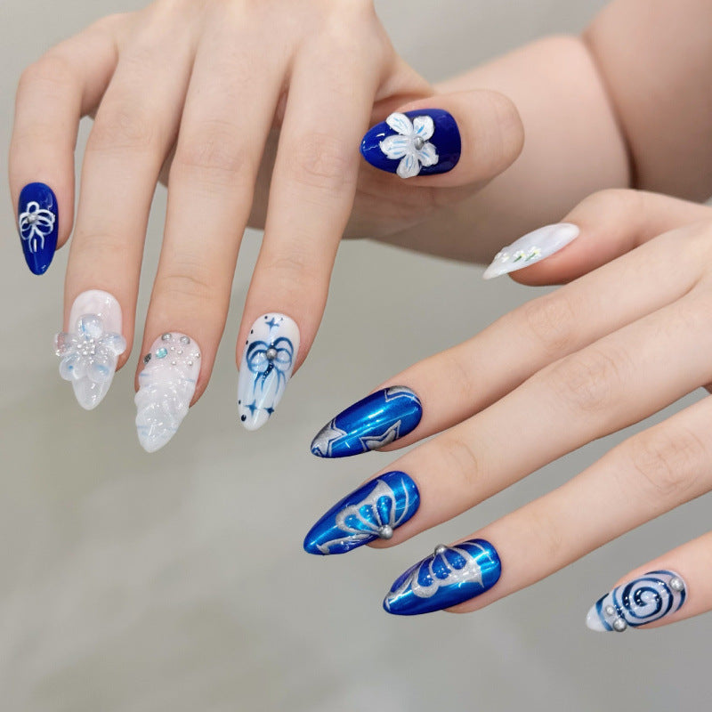 [3D Blue Flower Butterfly]   (Handmade press on nails)  Medium/Almond Nails 10pcs/set