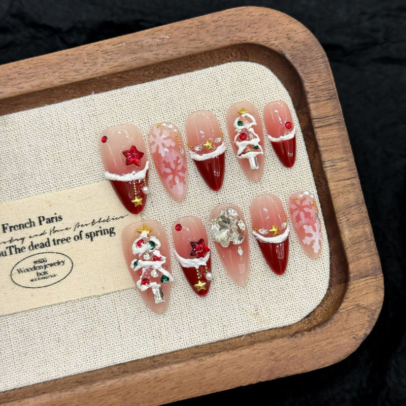 [Christmas Red Snow]   (Handmade press on nails)  Medium/Almond Nails 10pcs/set