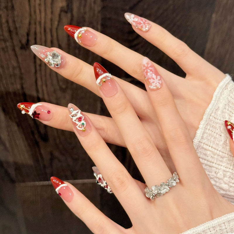 [Christmas Red Snow]   (Handmade press on nails)  Medium/Almond Nails 10pcs/set