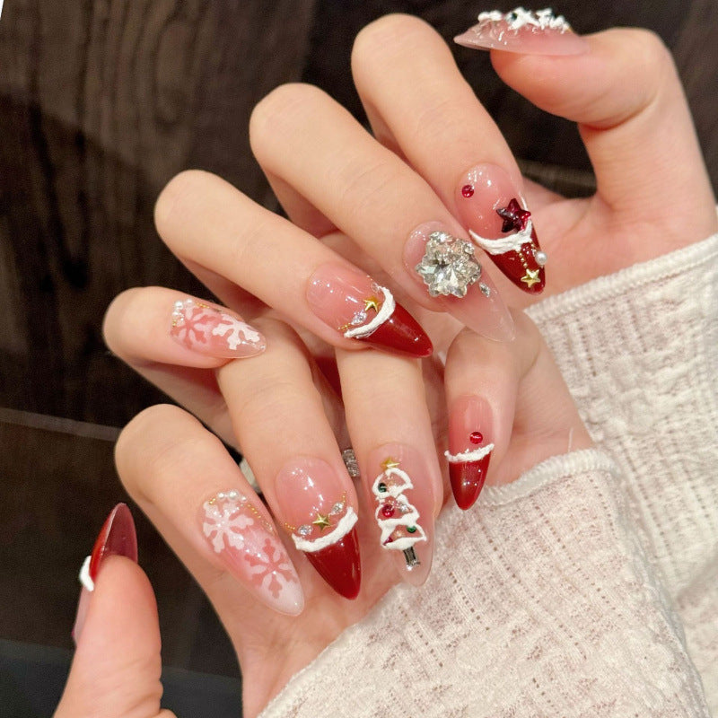 [Christmas Red Snow]   (Handmade press on nails)  Medium/Almond Nails 10pcs/set
