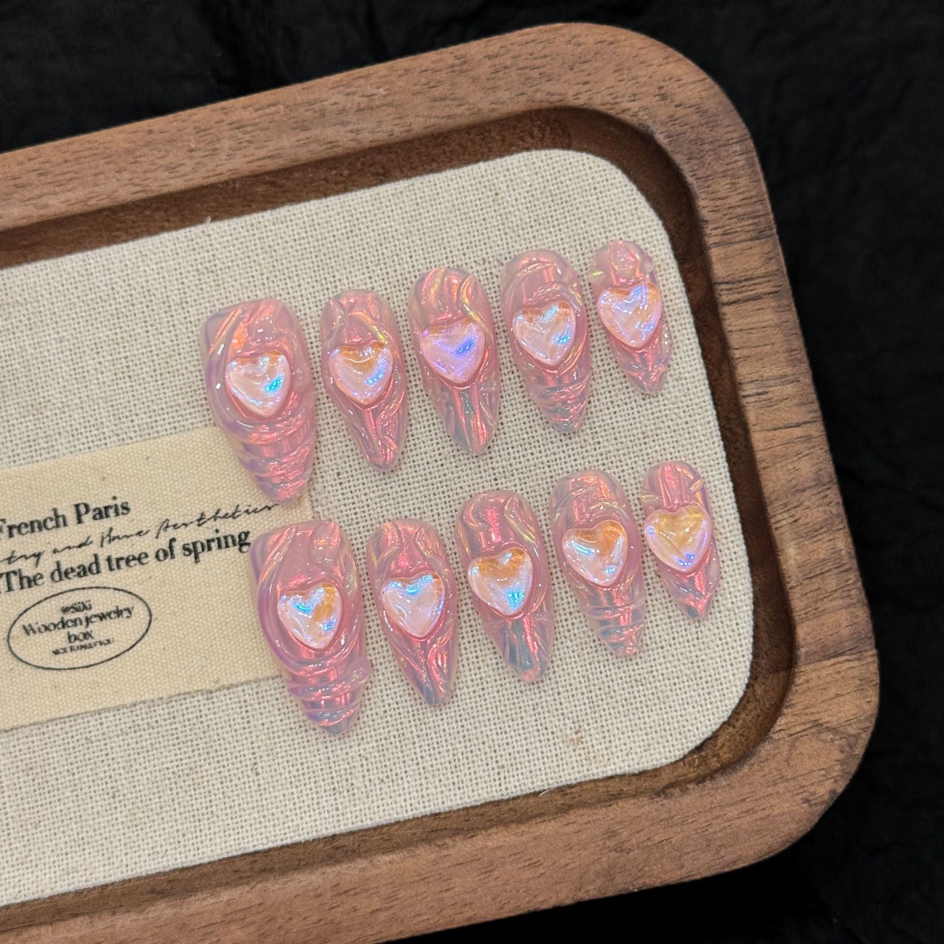 [3D Heart Pink Aurora]   (Handmade press on nails)  Medium/Almond Nails 10pcs/set