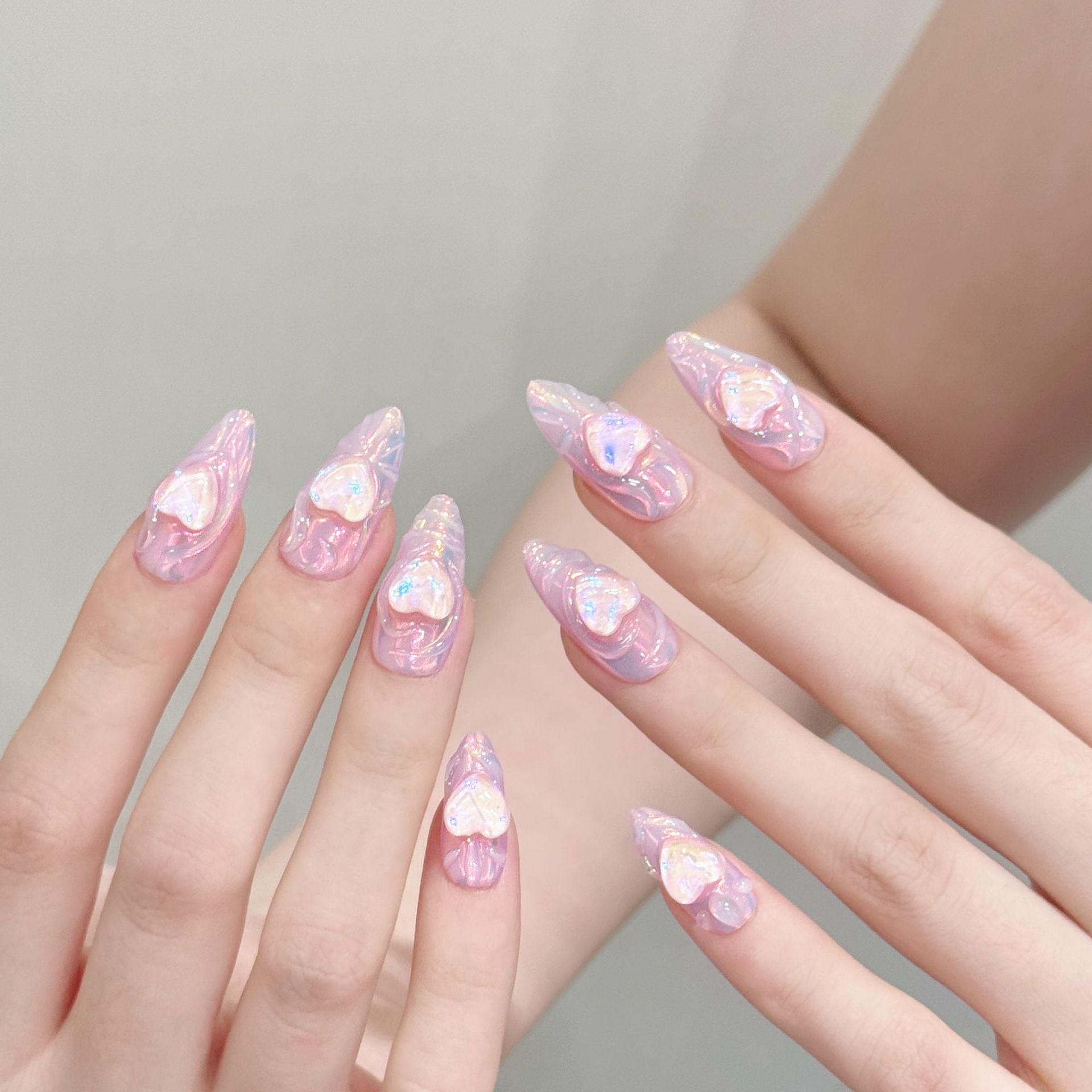 [3D Heart Pink Aurora]   (Handmade press on nails)  Medium/Almond Nails 10pcs/set