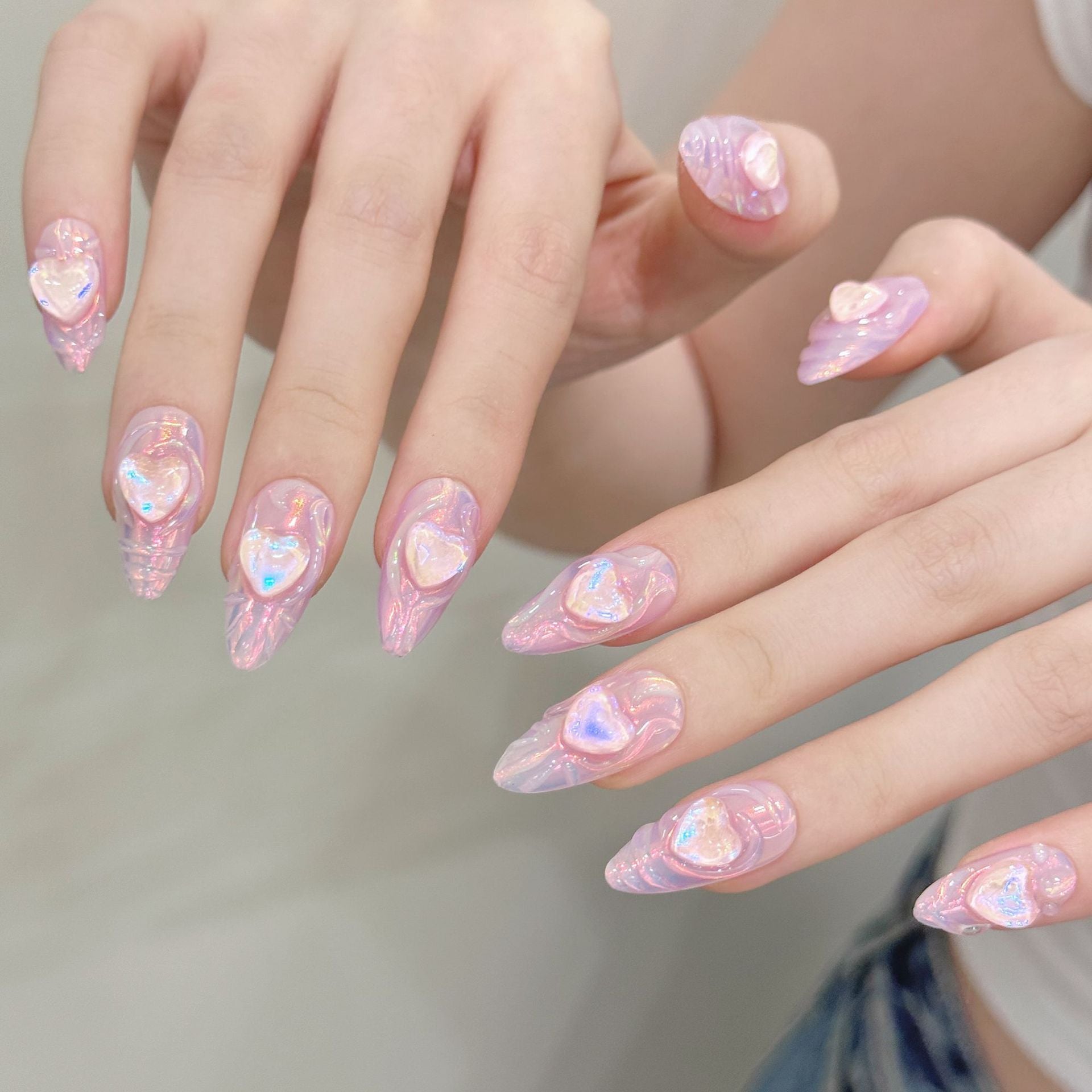 [3D Heart Pink Aurora]   (Handmade press on nails)  Medium/Almond Nails 10pcs/set