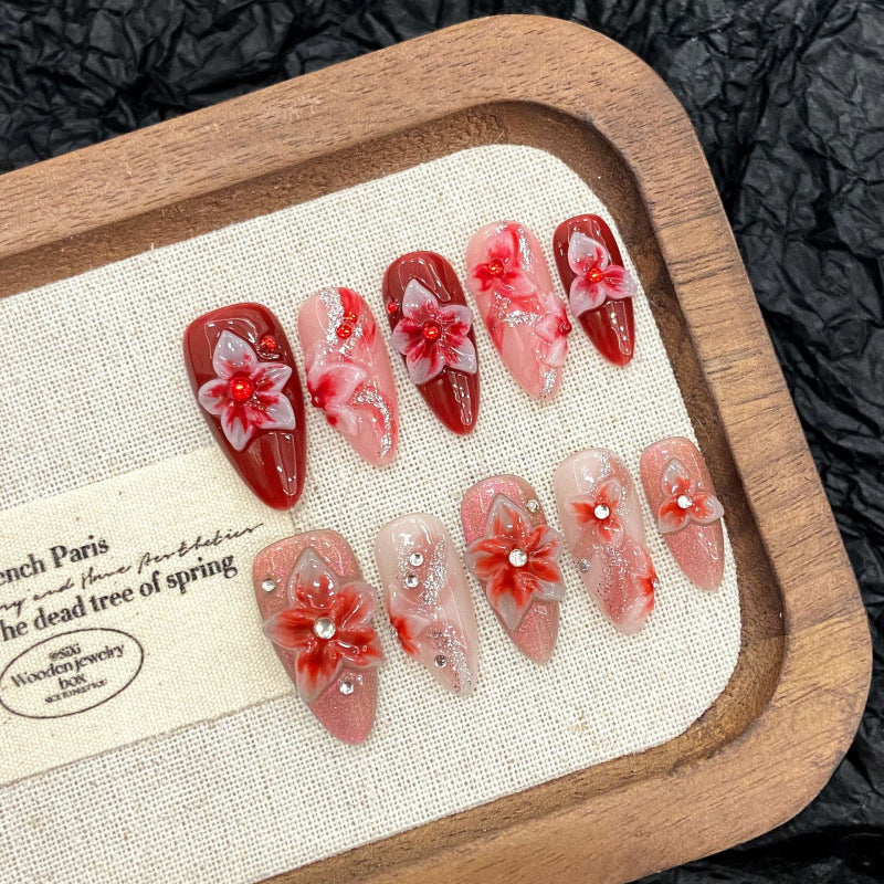[Red 3D Flower]   Medium/Almond Handmade press on nails   10pcs/set