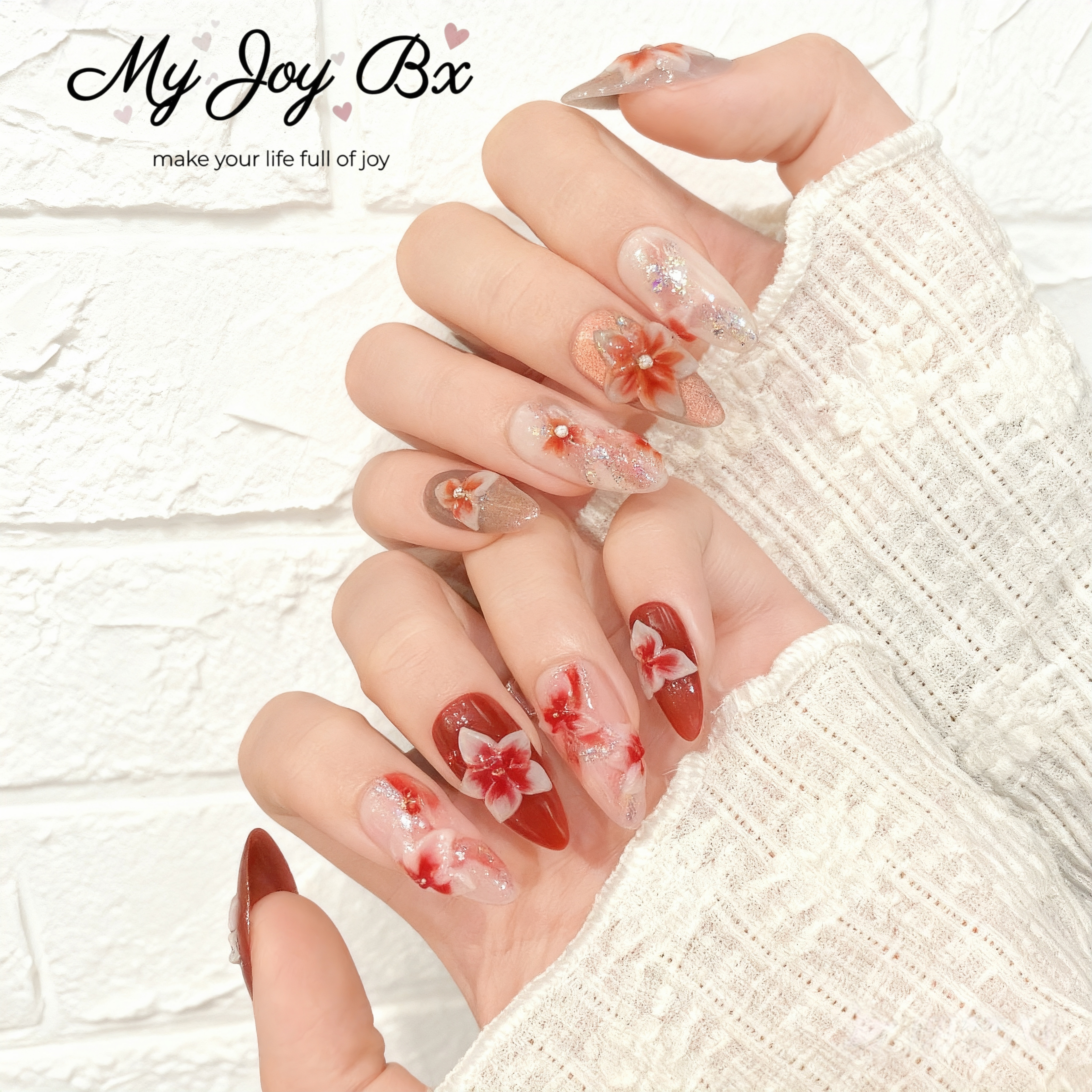 [Red 3D Flower]   Medium/Almond Handmade press on nails   10pcs/set