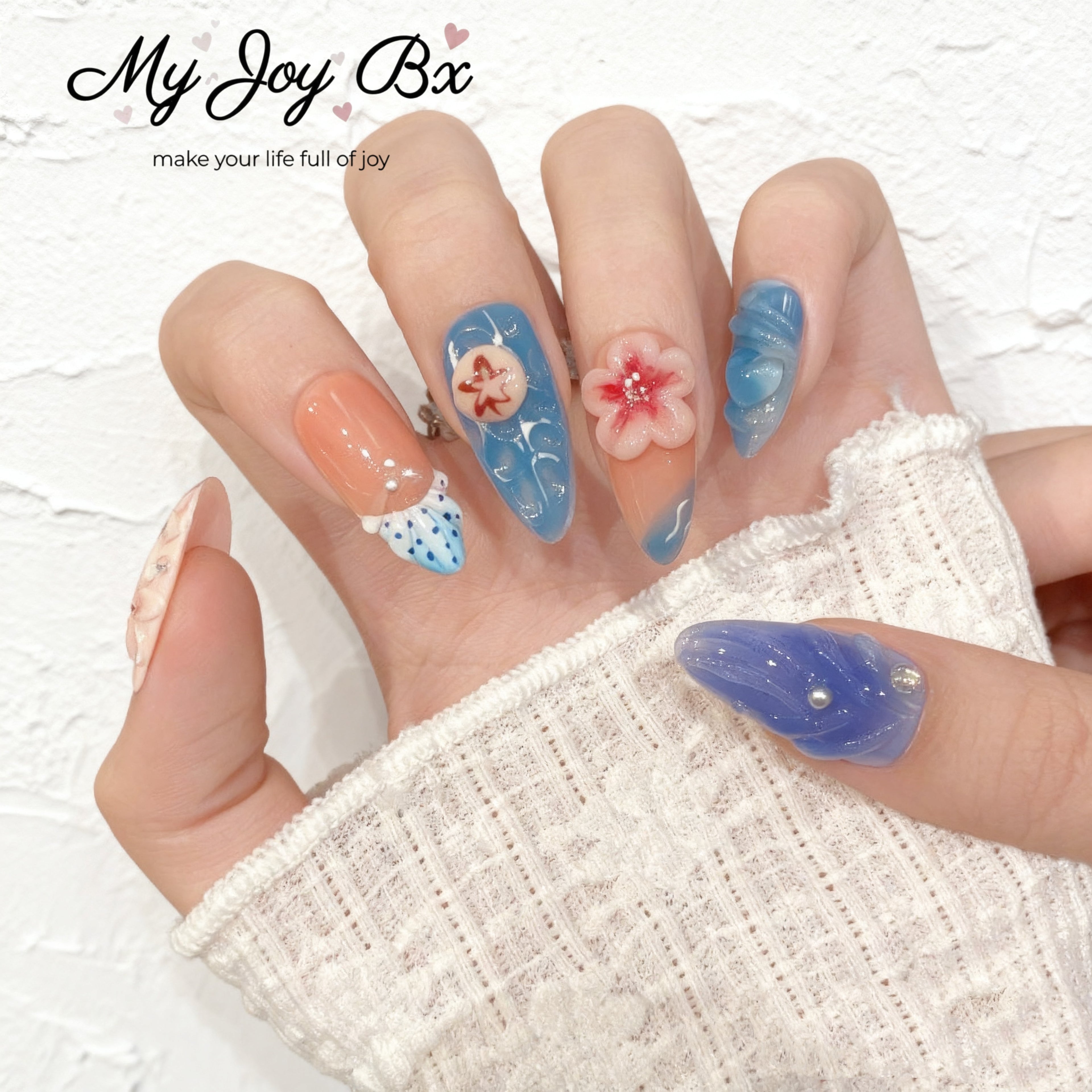 [Vacation 3D Flower]   Medium/Almond Handmade press on nails   10pcs/set