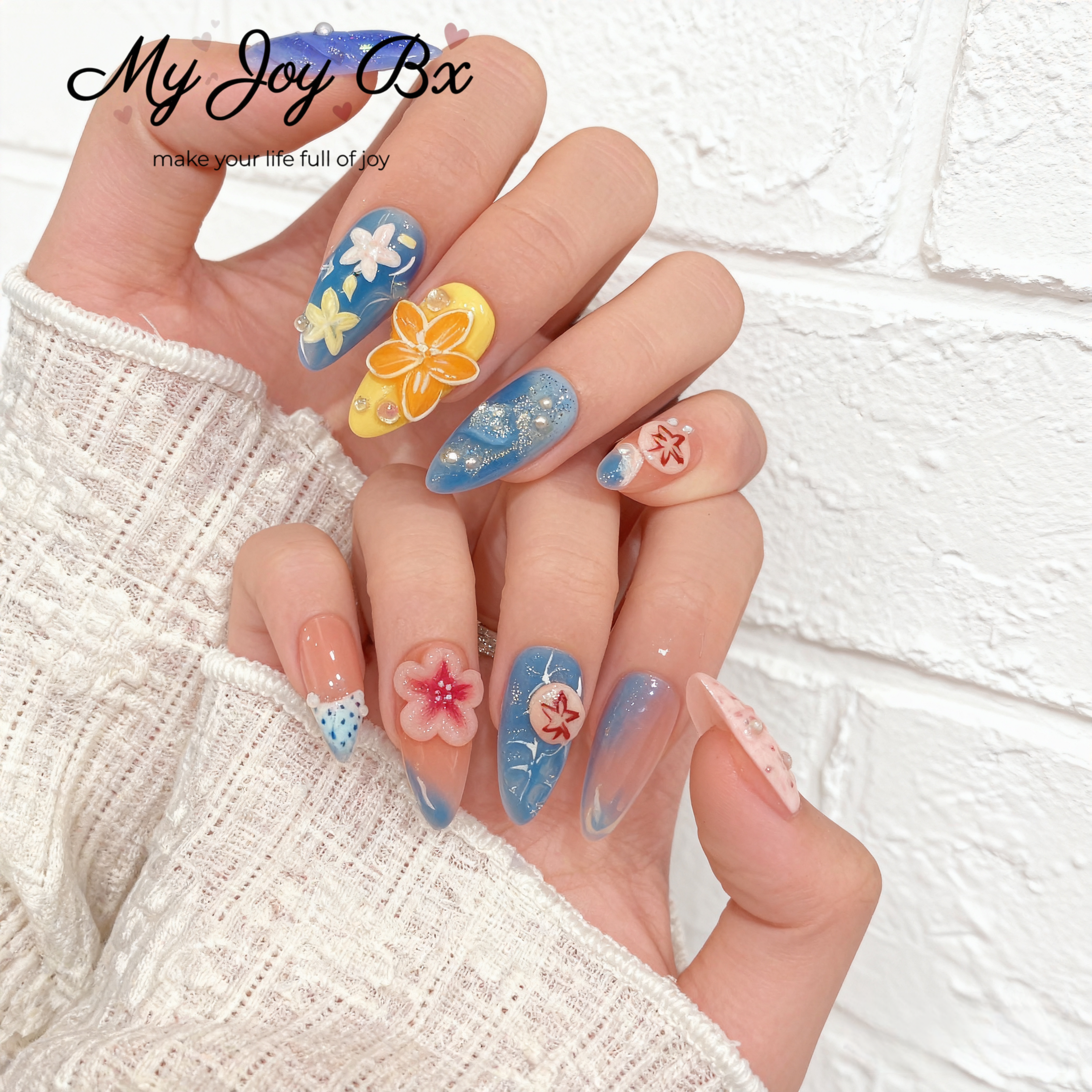 [Vacation 3D Flower]   Medium/Almond Handmade press on nails   10pcs/set