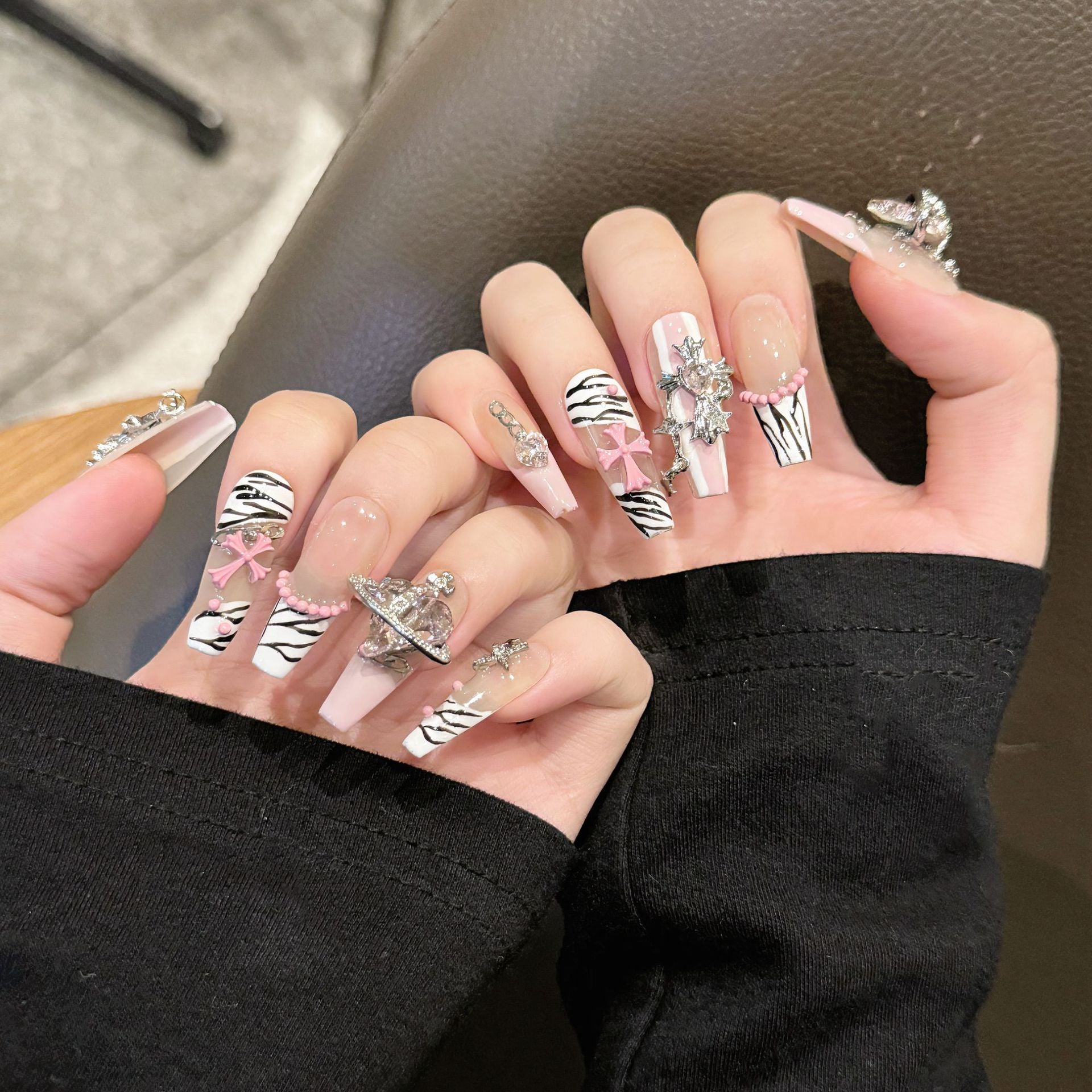 [Pink Chrome Heart]   (Handmade press on nails)  Long/Ballerina Nails 10pcs/set