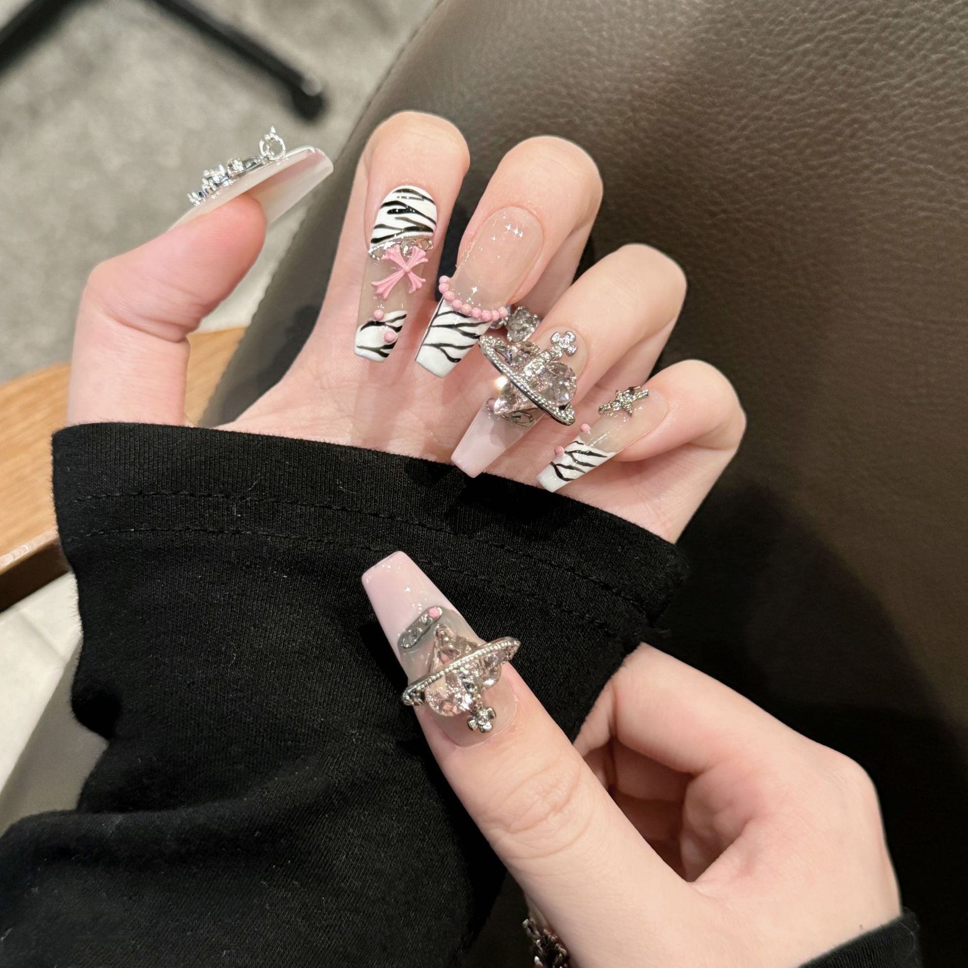 [Pink Chrome Heart]   (Handmade press on nails)  Long/Ballerina Nails 10pcs/set