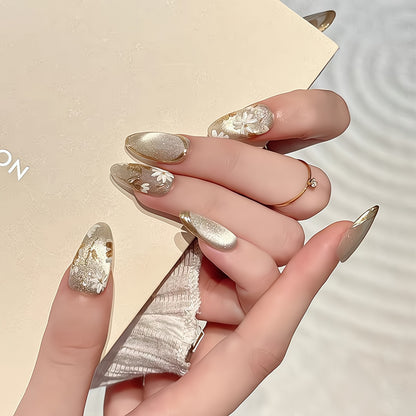 Gentle Gilded French Glazed Cat Eye (Handmade press on nails）/10Pcs Almond Nails