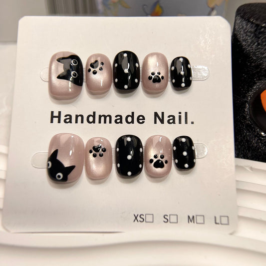 Sweet Black Pink Cat Paw Design (Handmade press on nails）/10Pcs  Squoval Nails