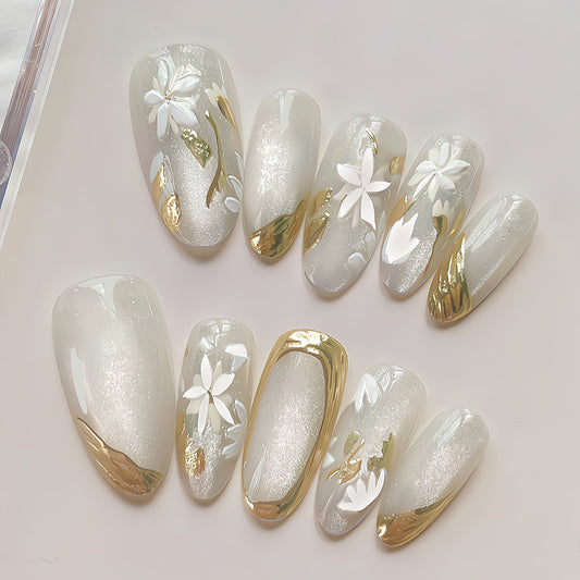 Gentle Gilded French Glazed Cat Eye (Handmade press on nails）/10Pcs Almond Nails